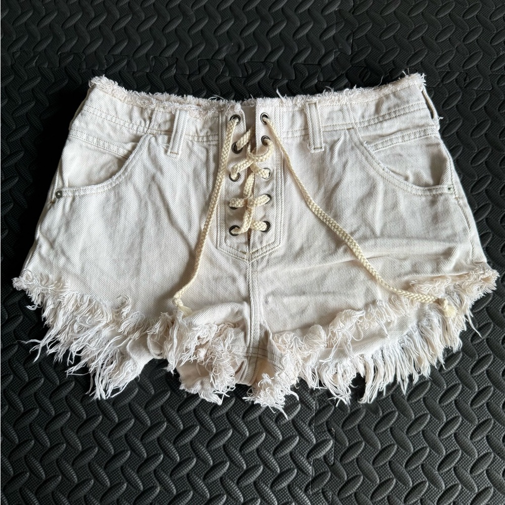 Free People Lace-Up Frayed Cream Denim Shorts